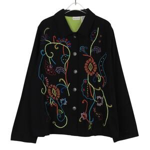 White Stag 80s Vintage Black Denim Jacket Floral Abstract Embroidered Medium